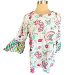 Sharon Young Linen Colorful Embroidered Tunic Sz M Floral Embellishment Bohemian